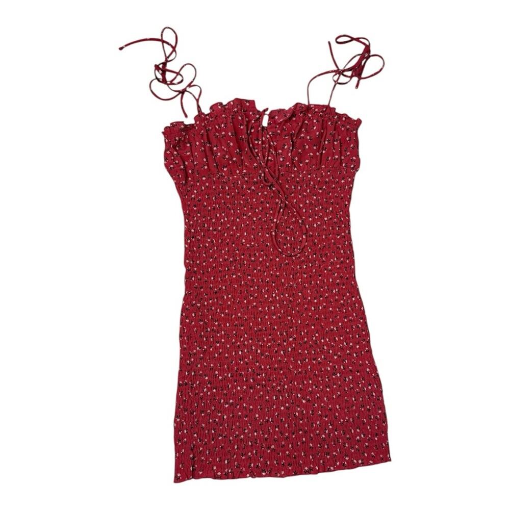 Ditsy Print Red Smocked Mini Dress with Tie Straps